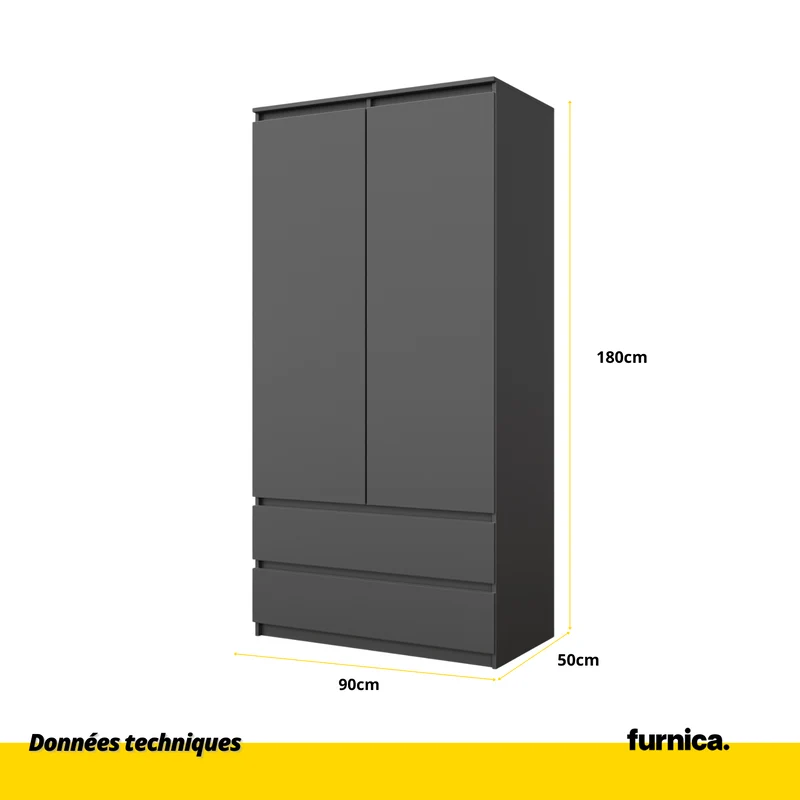 JOELLE - Armoire 2 Portes avec 2 Tiroirs - Anthracite H180cm L90cm P50cm