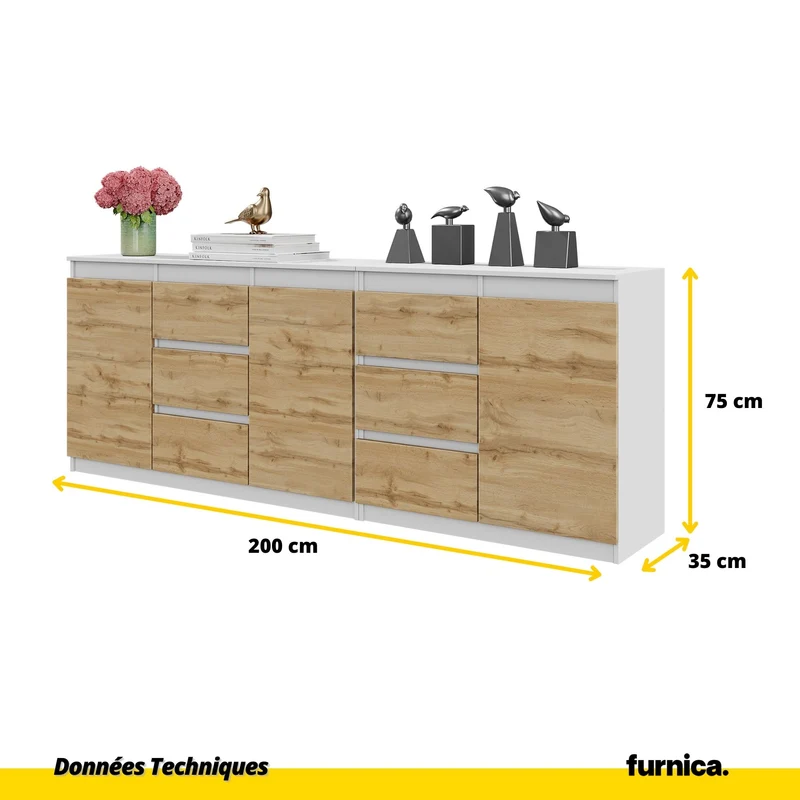 MIKEL - Commode 6 Tiroirs et 3 Portes - Armoire de Rangement pour Couloir / Chambre à Coucher - Buffet - Blanc Mat / Chêne Wotan H75cm L200cm P35cm