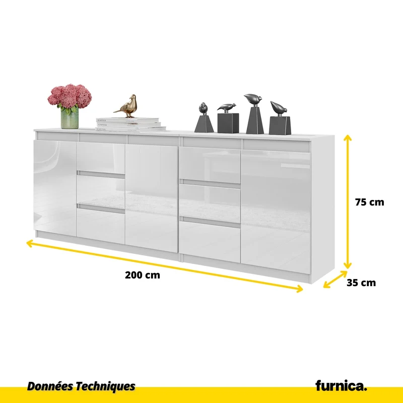MIKEL - Commode 6 Tiroirs et 3 Portes - Armoire de Rangement pour Couloir / Chambre à Coucher - Buffet - Blanc Mat / Blanc Brillant H75cm L200cm P35cm
