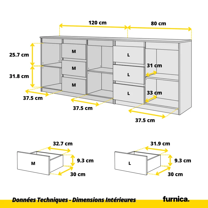 MIKEL - Commode 6 Tiroirs et 3 Portes - Armoire de Rangement pour Couloir / Chambre à Coucher - Buffet - Blanc Mat / Blanc Brillant H75cm L200cm P35cm
