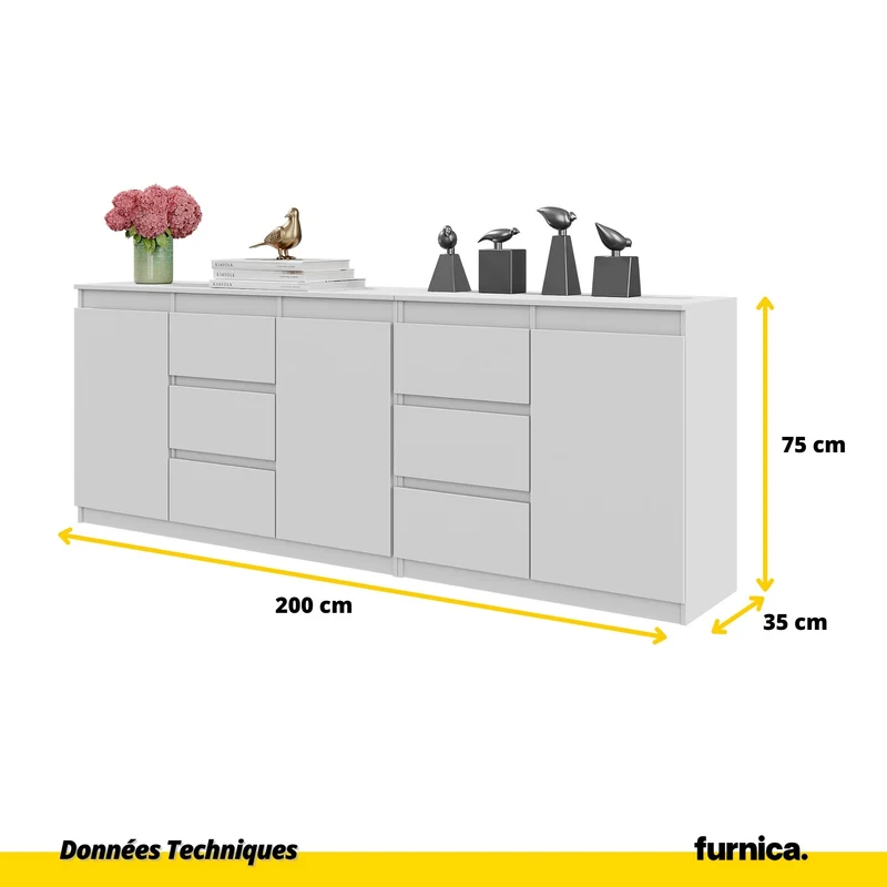 MIKEL - Commode 6 Tiroirs et 3 Portes - Armoire de Rangement pour Couloir / Chambre à Coucher - Buffet - Blanc Mat H75cm L200cm P35cm