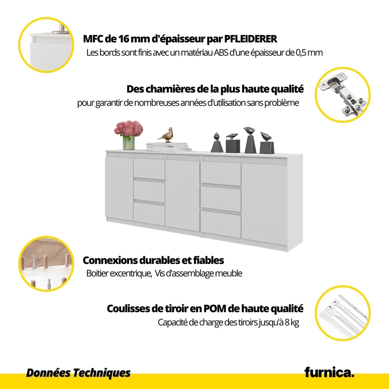 MIKEL - Commode 6 Tiroirs et 3 Portes - Armoire de Rangement pour Couloir / Chambre à Coucher - Buffet - Blanc Mat H75cm L200cm P35cm