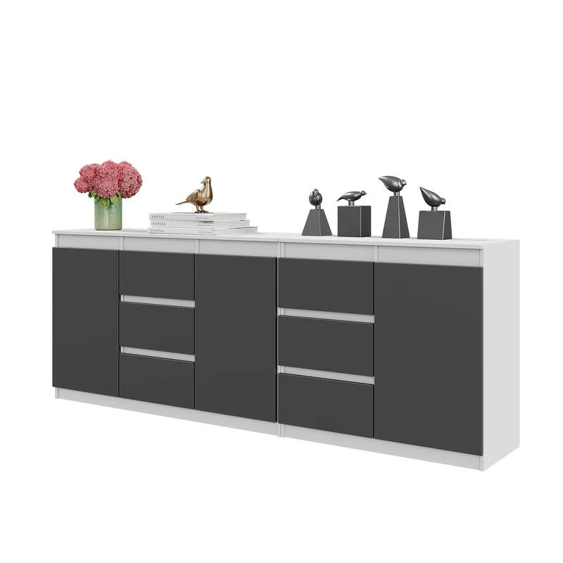 MIKEL - Commode 6 Tiroirs et 3 Portes - Armoire de Rangement pour Couloir / Chambre à Coucher - Buffet - Blanc Mat / Anthracite H75cm L200cm P35cm