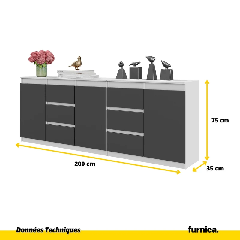MIKEL - Commode 6 Tiroirs et 3 Portes - Armoire de Rangement pour Couloir / Chambre à Coucher - Buffet - Blanc Mat / Anthracite H75cm L200cm P35cm