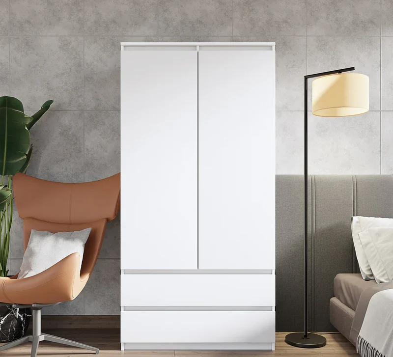 JOELLE - Armoire 2 Portes avec 2 Tiroirs - Blanc Mat H180cm L90cm P50cm