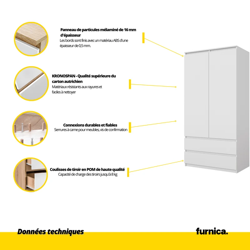 JOELLE - Armoire 2 Portes avec 2 Tiroirs - Blanc Mat H180cm L90cm P50cm