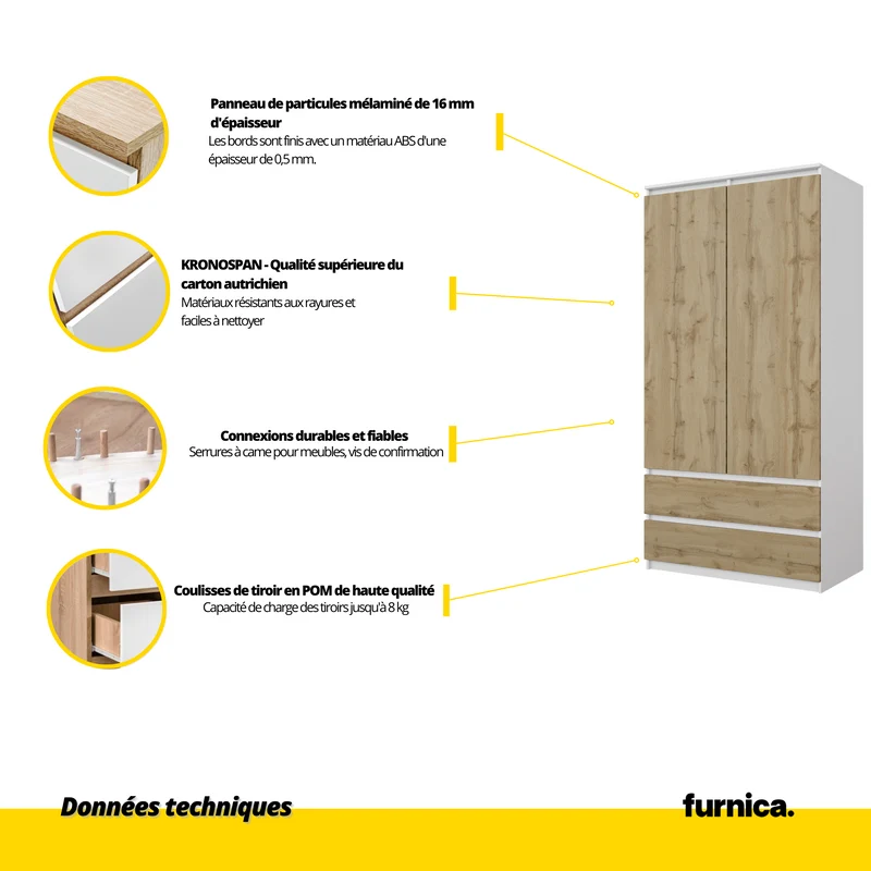 JOELLE - Armoire 2 Portes avec 2 Tiroirs - Blanc Mat / Chêne Wotan H180cm L90cm P50cm
