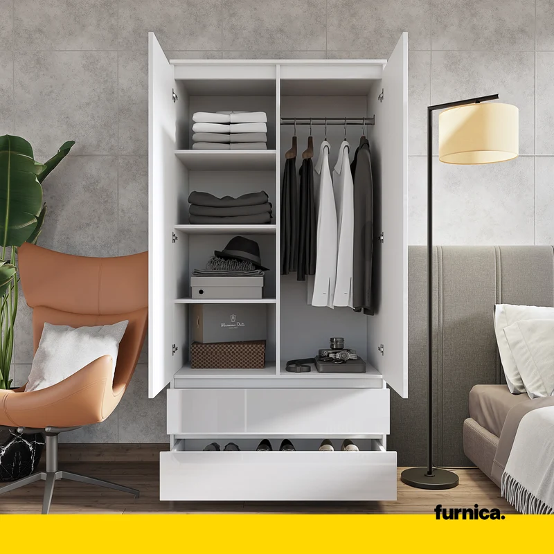 JOELLE - Armoire 2 Portes avec 2 Tiroirs - Blanc Mat / Blanc Brillant H180cm L90cm P50cm