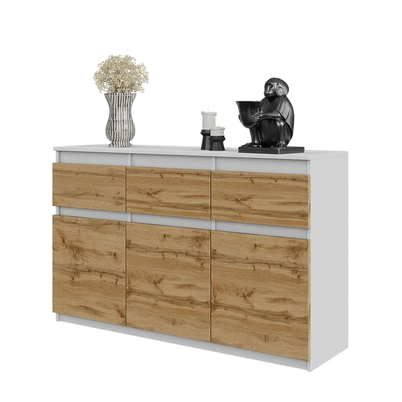 NOAH - Commode 3 Tiroirs et 3 Portes - Meuble de Rangement pour Couloir/Chambre - Buffet - H75cm L120cm P35cm (Blanc/Chêne Wotan)