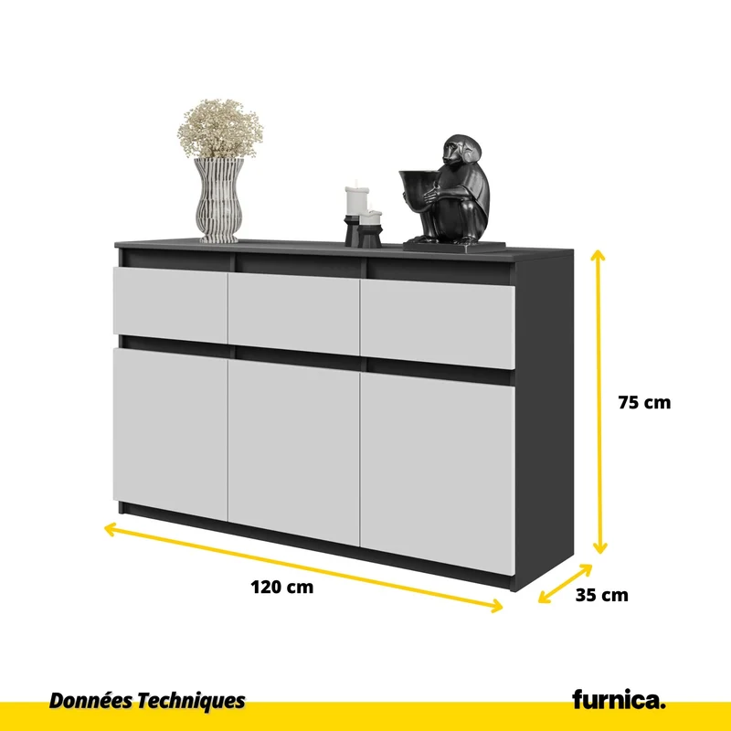 NOAH - Commode 3 Tiroirs et 3 Portes - Meuble de Rangement pour Couloir/Chambre - Buffet - H75cm L120cm P35cm (Anthracite/Blanc)