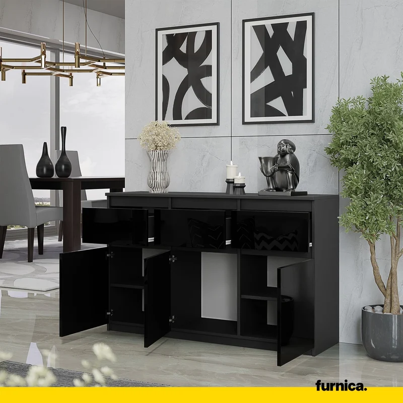 NOAH - Commode 3 Tiroirs et 3 Portes - Meuble de Rangement pour Couloir/Chambre - Buffet - H75cm L120cm P35cm (Anthracite/Noir Brillant)