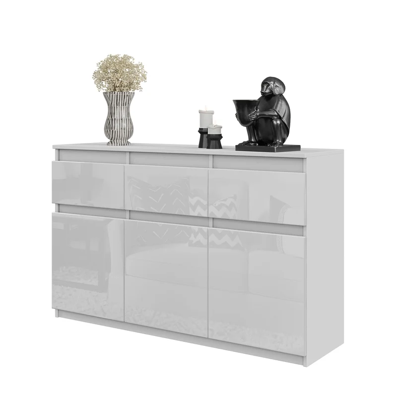 NOAH - Commode 3 Tiroirs et 3 Portes - Meuble de Rangement pour Couloir/Chambre - Buffet - H75cm L120cm P35cm (Blanc Mat/Blanc Brillant)
