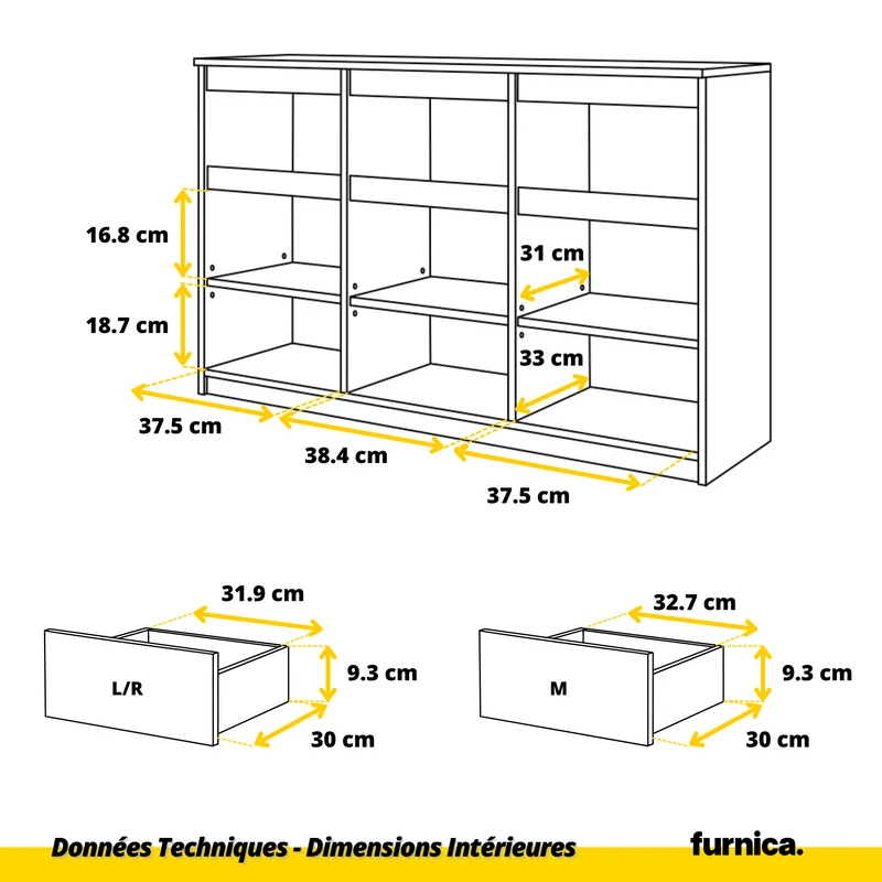 NOAH - Commode 3 Tiroirs et 3 Portes - Meuble de Rangement pour Couloir/Chambre - Buffet - H75cm L120cm P35cm (Blanc Mat/Blanc Brillant)