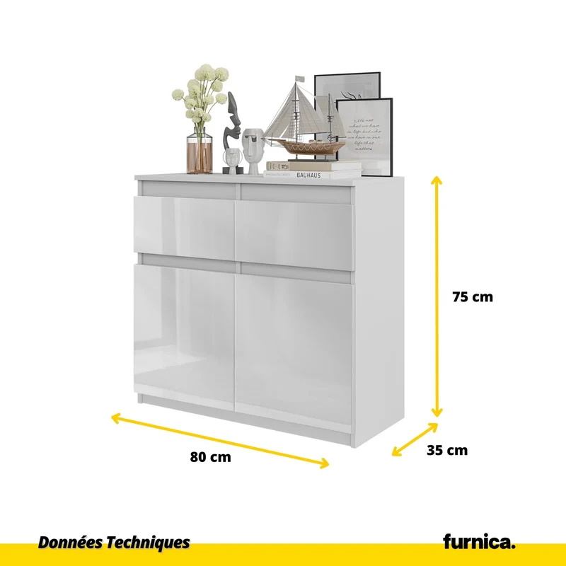 NOAH - Commode 2 Tiroirs et 2 Portes - Meuble de Rangement pour Couloir/Chambre - Buffet - H75cm L80cm P35cm (Blanc Mat/Blanc Brillant)