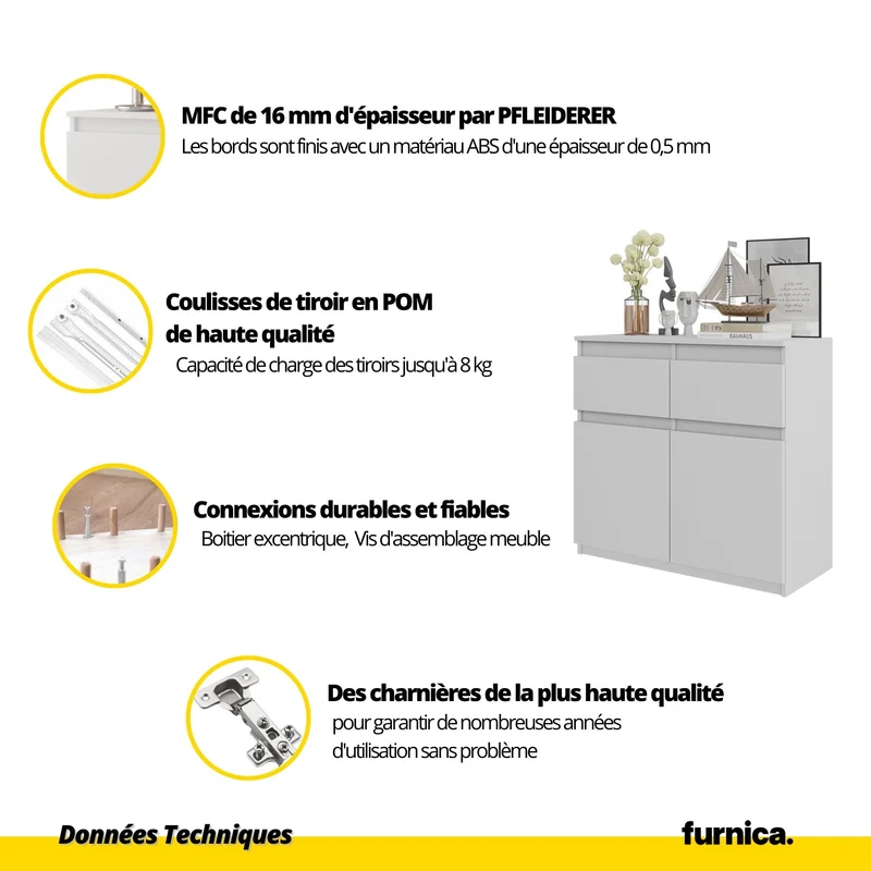 NOAH - Commode 2 Tiroirs et 2 Portes - Meuble de Rangement pour Couloir/Chambre - Buffet - H75cm L80cm P35cm (Blanc Mat/Blanc Brillant)