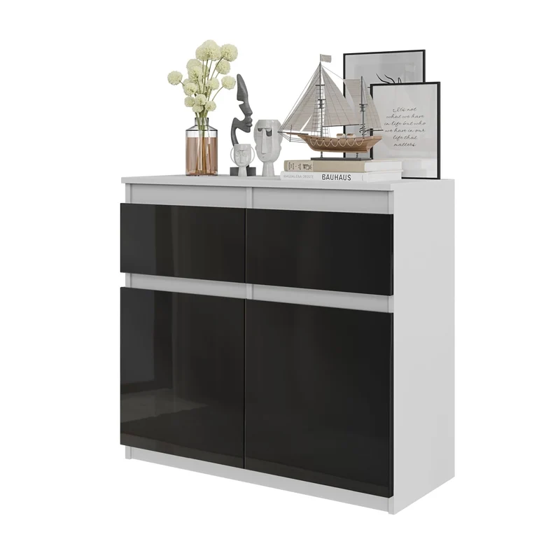 NOAH - Commode 2 Tiroirs et 2 Portes - Meuble de Rangement pour Couloir/Chambre - Buffet - H75cm L80cm P35cm (Blanc/Noir Brillant)