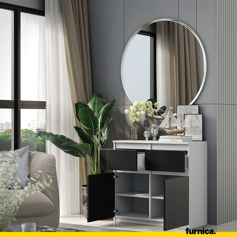 NOAH - Commode 2 Tiroirs et 2 Portes - Meuble de Rangement pour Couloir/Chambre - Buffet - H75cm L80cm P35cm (Blanc/Noir Brillant)