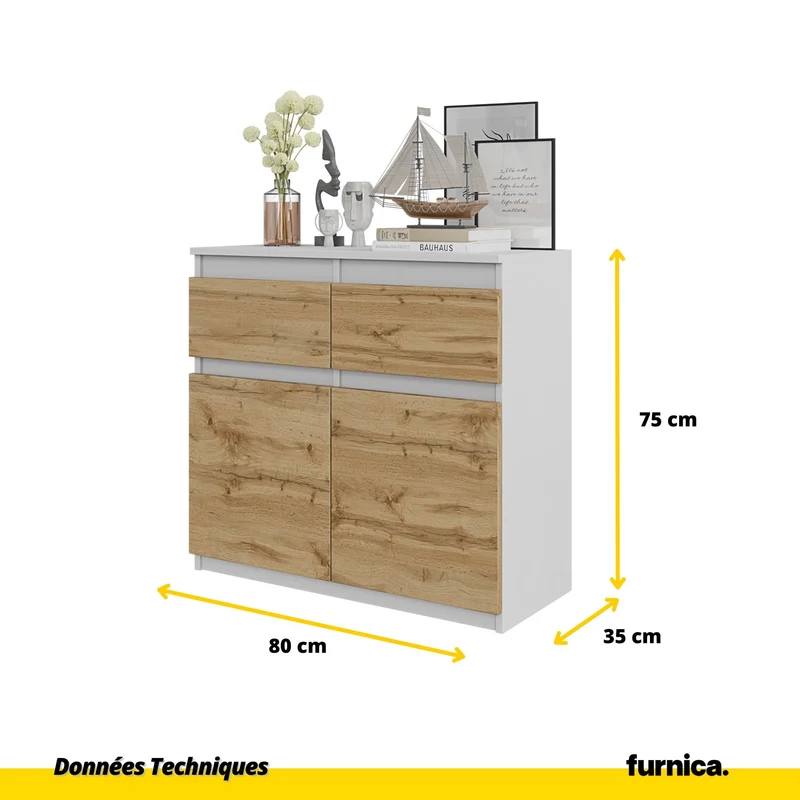 NOAH - Commode 2 Tiroirs et 2 Portes - Meuble de Rangement pour Couloir/Chambre - Buffet - H75cm L80cm P35cm (Blanc/Chêne Wotan)