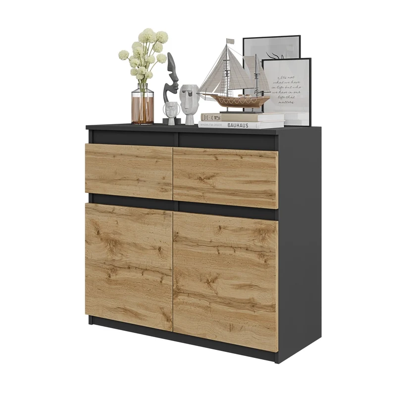 NOAH - Commode 2 Tiroirs et 2 Portes - Meuble de Rangement pour Couloir/Chambre - Buffet - H75cm L80cm P35cm (Anthracite/Chêne Wotan)