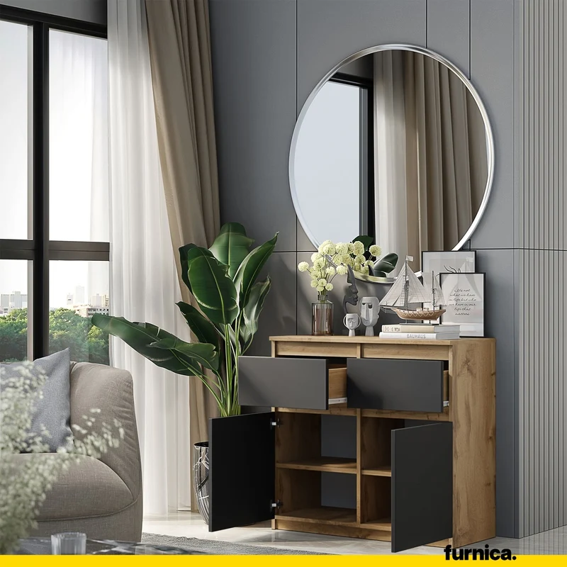 NOAH - Commode 2 Tiroirs et 2 Portes - Meuble de Rangement pour Couloir/Chambre - Buffet - H75cm L80cm P35cm (Chêne Wotan/Anthracite)