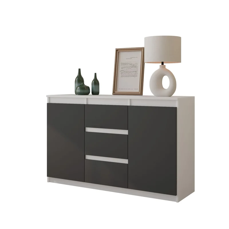 MIKEL - Commode 3 Tiroirs et 2 Portes - Armoire de Rangement pour Couloir/Chambre à Coucher - Buffet - H75cm L120cm P35cm (Blanc/Anthracite)