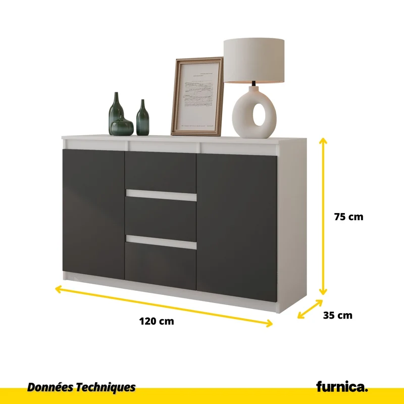 MIKEL - Commode 3 Tiroirs et 2 Portes - Armoire de Rangement pour Couloir/Chambre à Coucher - Buffet - H75cm L120cm P35cm (Blanc/Anthracite)