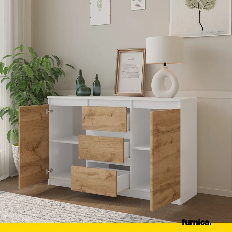MIKEL - Commode 3 Tiroirs et 2 Portes - Armoire de Rangement pour Couloir/Chambre à Coucher - Buffet - H75cm L120cm P35cm (Blanc/Chêne Wotan)