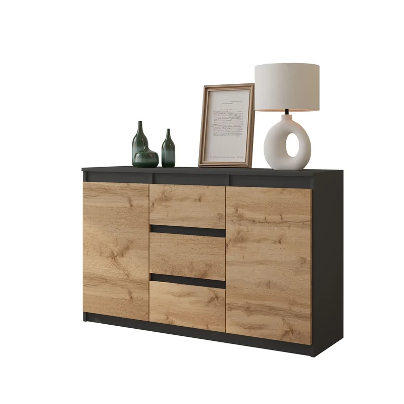 MIKEL - Commode 3 Tiroirs et 2 Portes - Armoire de Rangement pour Couloir/Chambre à Coucher - Buffet - H75cm L120cm P35cm (Anthracite/Chêne Wotan)