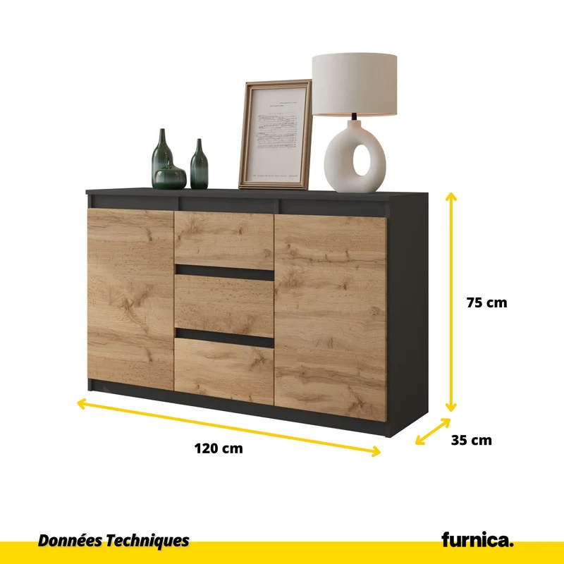 MIKEL - Commode 3 Tiroirs et 2 Portes - Armoire de Rangement pour Couloir/Chambre à Coucher - Buffet - H75cm L120cm P35cm (Anthracite/Chêne Wotan)