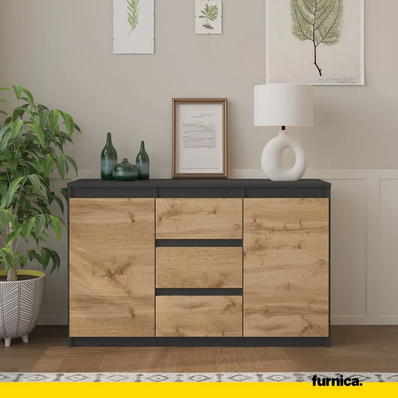 MIKEL - Commode 3 Tiroirs et 2 Portes - Armoire de Rangement pour Couloir/Chambre à Coucher - Buffet - H75cm L120cm P35cm (Anthracite/Chêne Wotan)