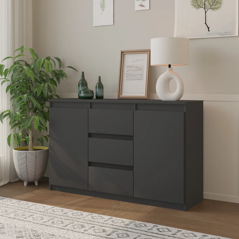 MIKEL - Commode 3 Tiroirs et 2 Portes - Armoire de Rangement pour Couloir/Chambre à Coucher - Buffet - H75cm L120cm P35cm (Anthracite)