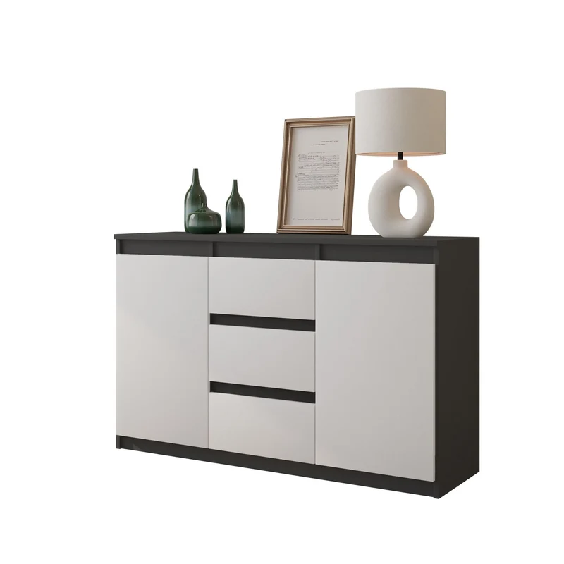 MIKEL - Commode 3 Tiroirs et 2 Portes - Armoire de Rangement pour Couloir/Chambre à Coucher - Buffet - H75cm L120cm P35cm (Anthracite/Blanc)
