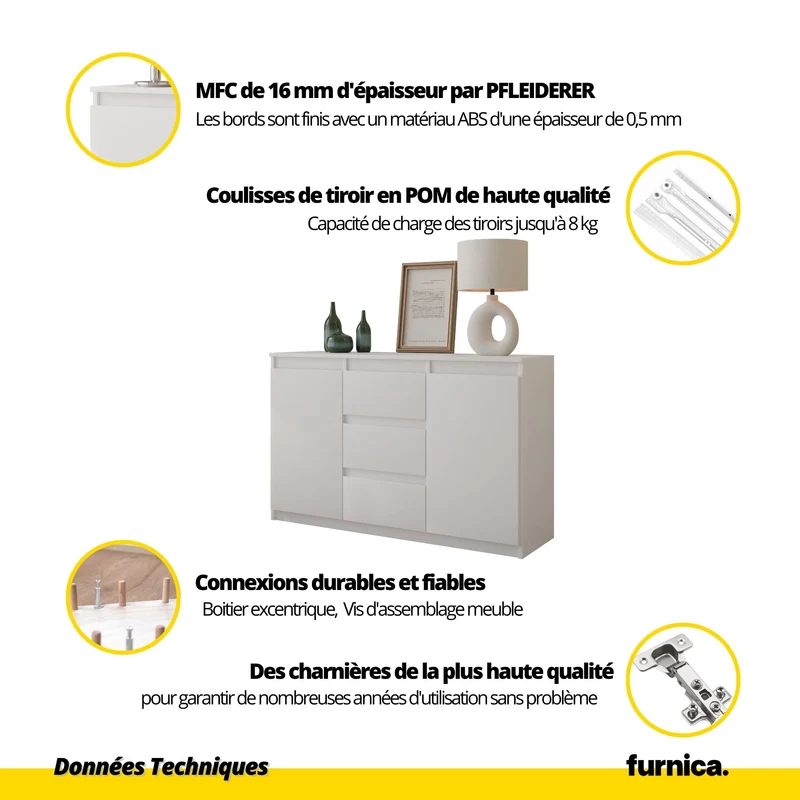 MIKEL - Commode 3 Tiroirs et 2 Portes - Armoire de Rangement pour Couloir/Chambre à Coucher - Buffet - H75cm L120cm P35cm (Anthracite/Blanc)