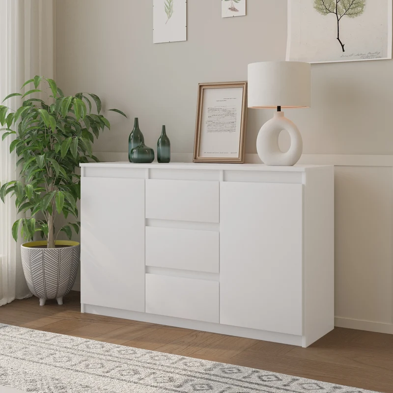 MIKEL - Commode 3 Tiroirs et 2 Portes - Armoire de Rangement pour Couloir/Chambre à Coucher - Buffet - H75cm L120cm P35cm (Blanc)