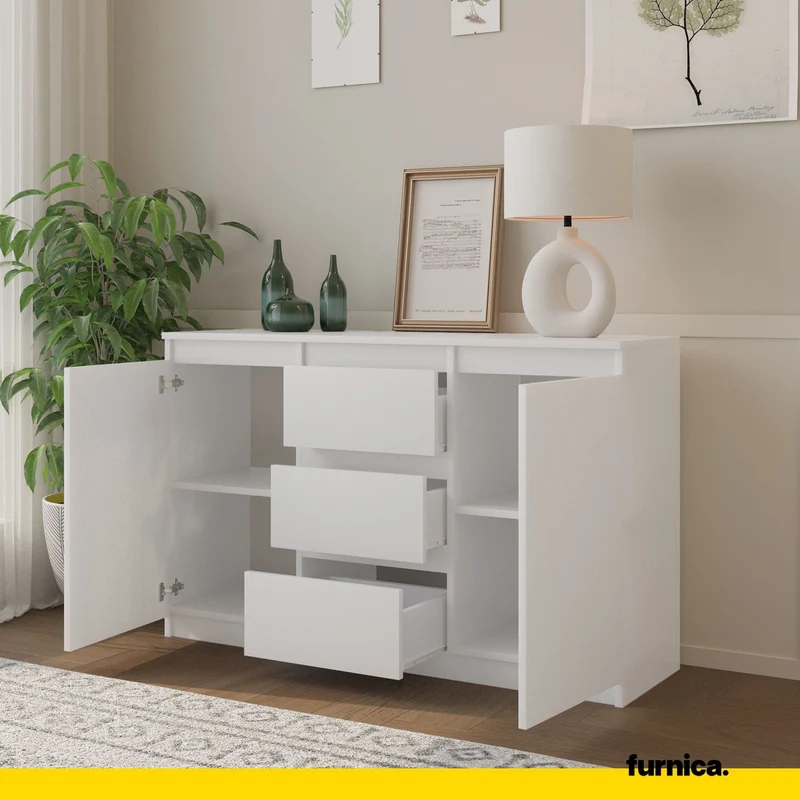 MIKEL - Commode 3 Tiroirs et 2 Portes - Armoire de Rangement pour Couloir/Chambre à Coucher - Buffet - H75cm L120cm P35cm (Blanc)