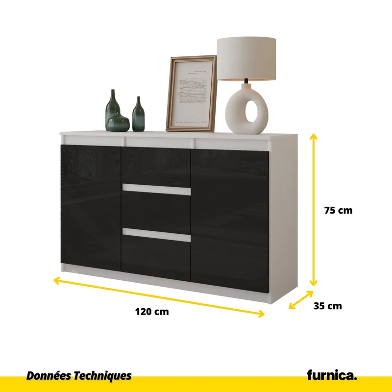 MIKEL - Commode 3 Tiroirs et 2 Portes - Armoire de Rangement pour Couloir/Chambre à Coucher - Buffet - H75cm L120cm P35cm (Blanc/Noir Brillant)