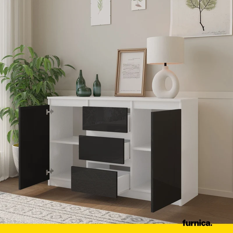 MIKEL - Commode 3 Tiroirs et 2 Portes - Armoire de Rangement pour Couloir/Chambre à Coucher - Buffet - H75cm L120cm P35cm (Blanc/Noir Brillant)