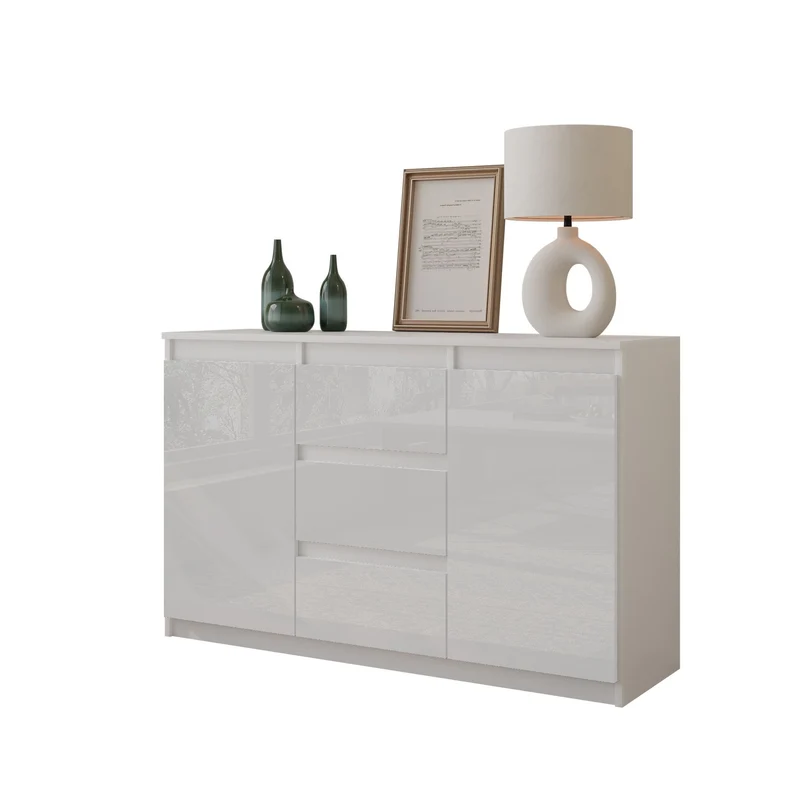 MIKEL - Commode 3 Tiroirs et 2 Portes - Armoire de Rangement pour Couloir/Chambre à Coucher - Buffet - H75cm L120cm P35cm (Blanc Mat/Blanc Brillant)