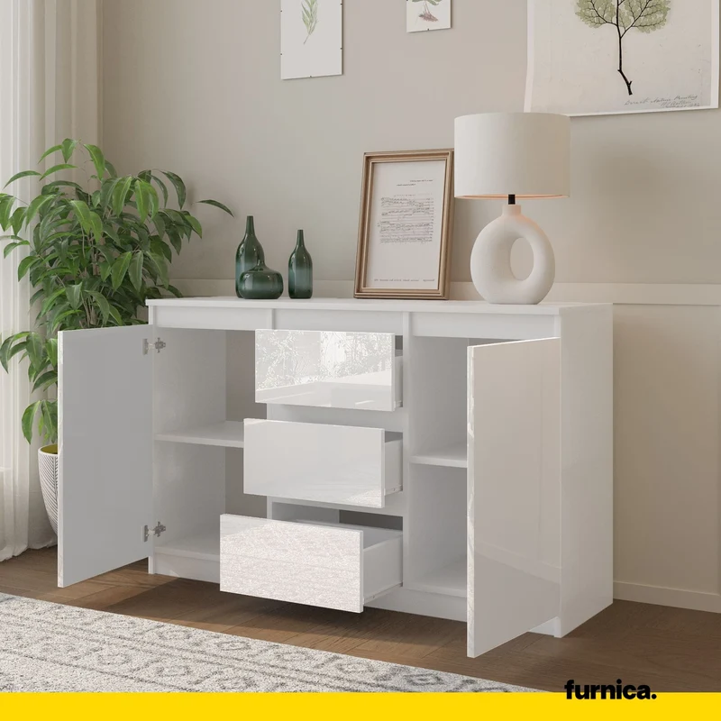 MIKEL - Commode 3 Tiroirs et 2 Portes - Armoire de Rangement pour Couloir/Chambre à Coucher - Buffet - H75cm L120cm P35cm (Blanc Mat/Blanc Brillant)