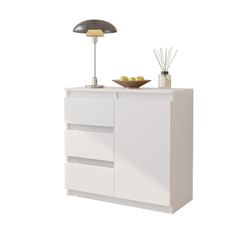 MIKEL - Commode 3 Tiroirs et 1 Porte - Armoire de Rangement pour Couloir/Chambre à Coucher - Buffet - H75cm L80cm P35cm (Blanc)