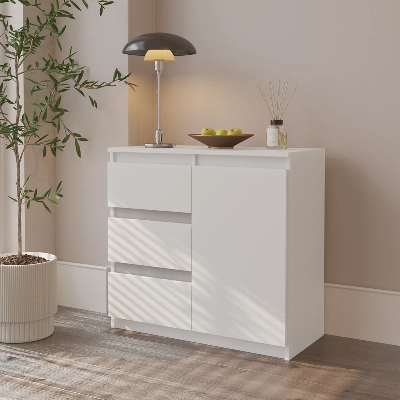 MIKEL - Commode 3 Tiroirs et 1 Porte - Armoire de Rangement pour Couloir/Chambre à Coucher - Buffet - H75cm L80cm P35cm (Blanc)
