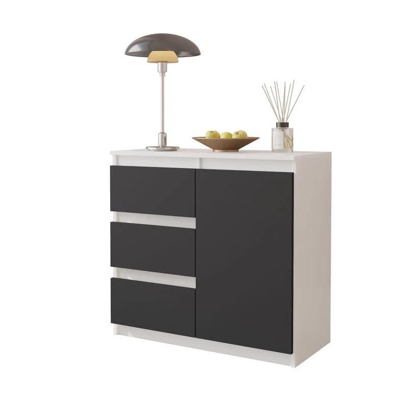 MIKEL - Commode 3 Tiroirs et 1 Porte - Armoire de Rangement pour Couloir/Chambre à Coucher - Buffet - H75cm L80cm P35cm (Blanc/Anthracite)