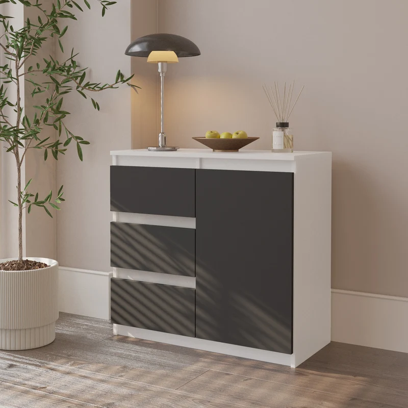 MIKEL - Commode 3 Tiroirs et 1 Porte - Armoire de Rangement pour Couloir/Chambre à Coucher - Buffet - H75cm L80cm P35cm (Blanc/Anthracite)