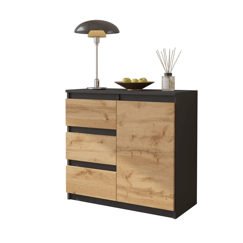 MIKEL - Commode 3 Tiroirs et 1 Porte - Armoire de Rangement pour Couloir / Chambre à Coucher - Buffet - H75cm L80cm P35cm (Anthracite / Chêne Wotan)