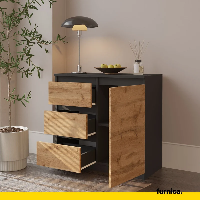 MIKEL - Commode 3 Tiroirs et 1 Porte - Armoire de Rangement pour Couloir / Chambre à Coucher - Buffet - H75cm L80cm P35cm (Anthracite / Chêne Wotan)