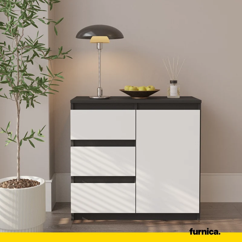 MIKEL - Commode 3 Tiroirs et 1 Porte - Armoire de Rangement pour Couloir/Chambre à Coucher - Buffet - H75cm L80cm P35cm (Anthracite/Blanc)