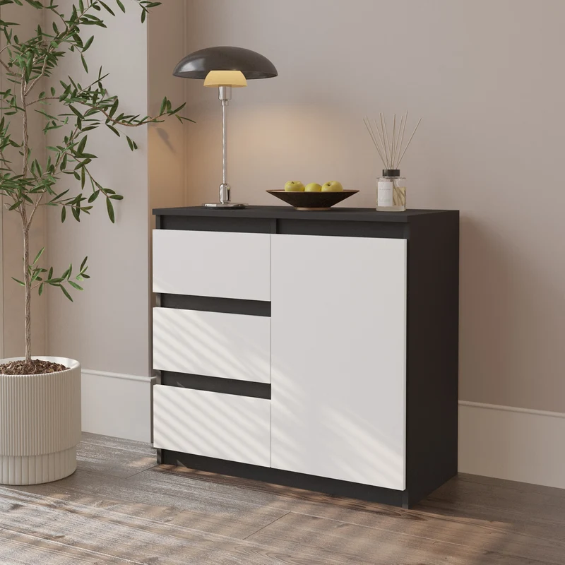 MIKEL - Commode 3 Tiroirs et 1 Porte - Armoire de Rangement pour Couloir/Chambre à Coucher - Buffet - H75cm L80cm P35cm (Anthracite/Blanc)