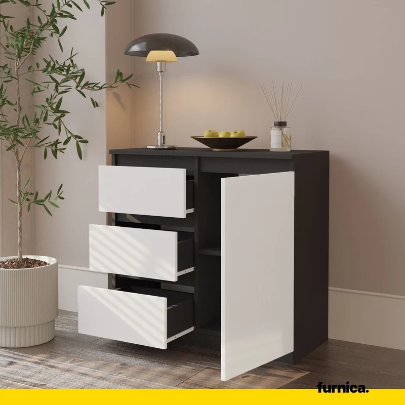 MIKEL - Commode 3 Tiroirs et 1 Porte - Armoire de Rangement pour Couloir/Chambre à Coucher - Buffet - H75cm L80cm P35cm (Anthracite/Blanc)