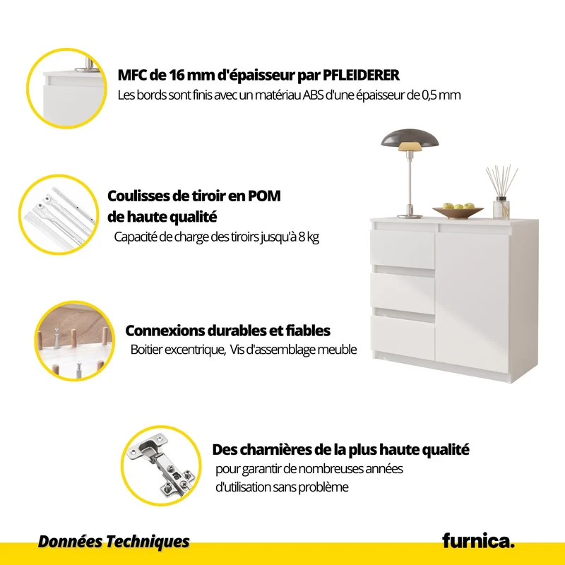 MIKEL - Commode 3 Tiroirs et 1 Porte - Armoire de Rangement pour Couloir/Chambre à Coucher - Buffet - H75cm L80cm P35cm (Blanc/Noir Brillant)