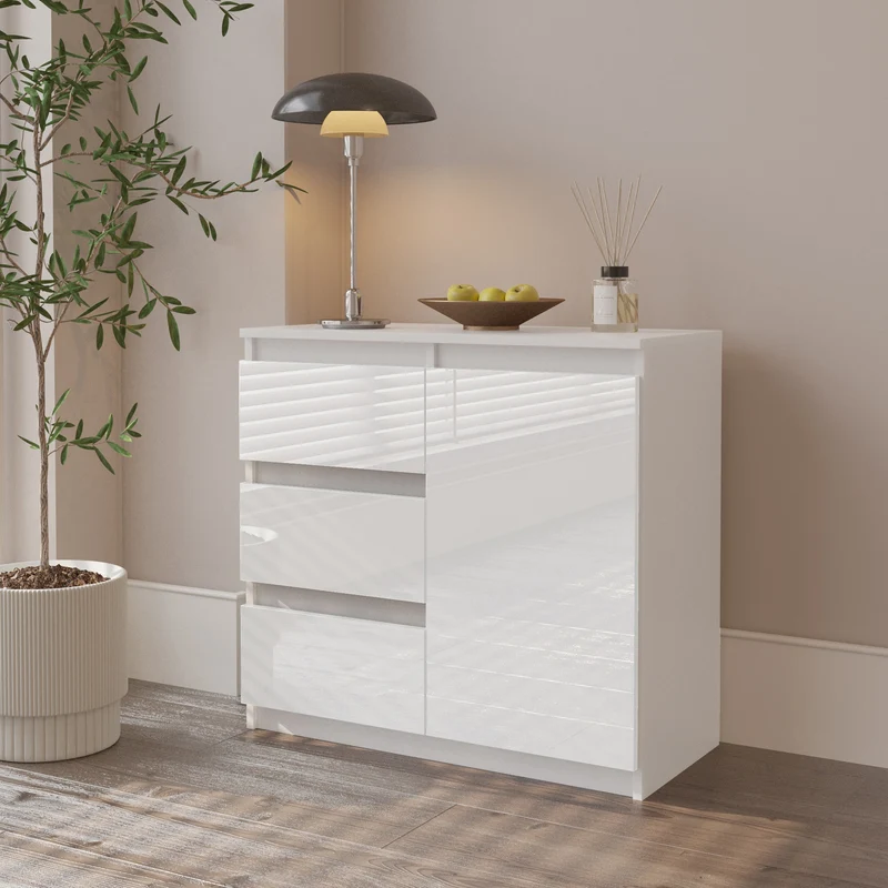 MIKEL - Commode 3 Tiroirs et 1 Porte - Armoire de Rangement pour Couloir/Chambre à Coucher - Buffet - H75cm L80cm P35cm (Blanc Mat/Blanc Brillant)